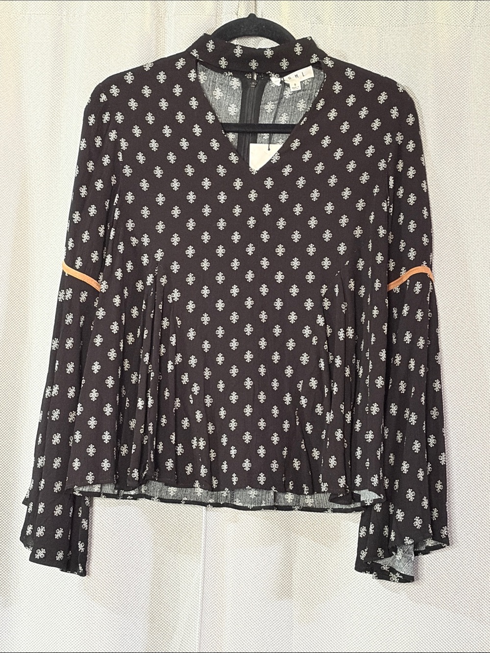 THML Black Printed V‑Neck Long Sleeve Top with Faux Leather Trim